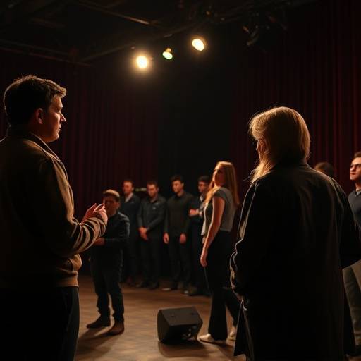 Acteurs r√©p√©tant une sc√®ne de th√©√¢tre, lumi√®re dramatique.
