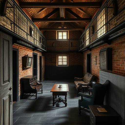 Fotografía de una celda de prisión histórica en el Rijksmuseum Muiderslot en los Países Bajos.  Se aprecia el mobiliario antiguo y la atmósfera austera.