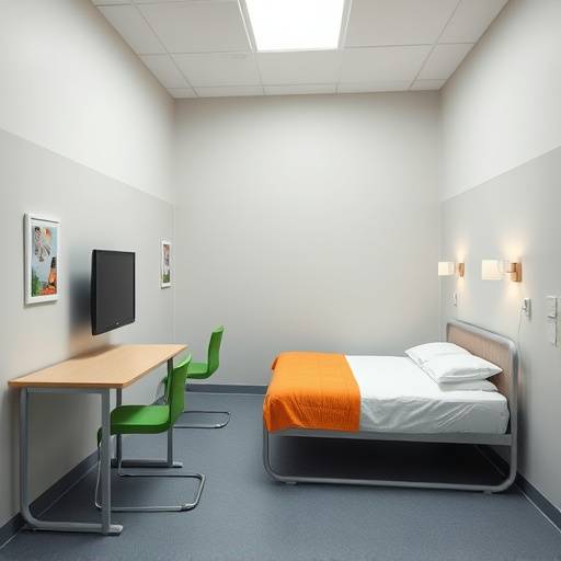 Fotografía del interior de una celda de prisión moderna en HMP Stocken, Reino Unido. Se aprecia un entorno limpio y funcional, con una cama, escritorio, televisión y otros elementos diseñados para mejorar las condiciones de vida de los reclusos.
