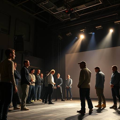 Groupe d'acteurs r√©p√©tant une sc√®ne dramatique sous une lumi√®re th√©√¢trale intense.