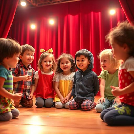 Groupe d'enfants participant √† un atelier de th√©√¢tre, exprimant leur joie et leur cr√©ativit√©.