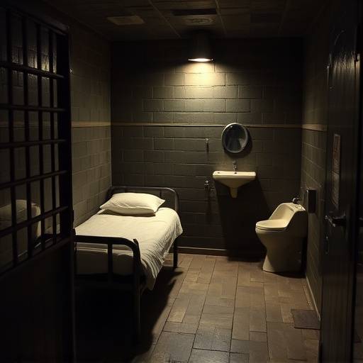 Imagen de una celda en la prisión de Fremantle en Australia. Esta celda representa las condiciones de encarcelamiento en el siglo XX, con una cama, un inodoro y otras comodidades básicas.