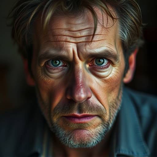 Portrait de Luc Martin, instructeur de techniques d'acteur, regard profond et exp√©rience palpable.