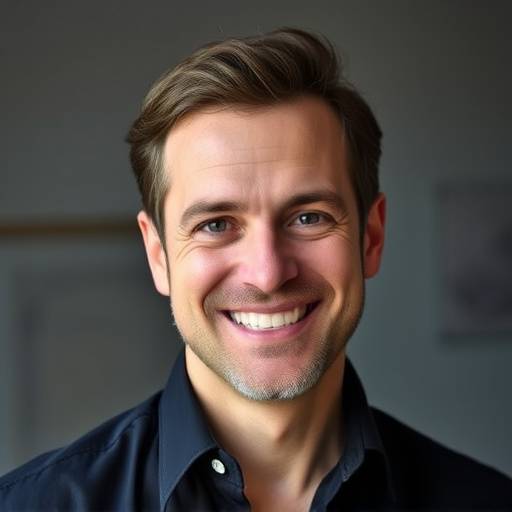 Portrait de Pierre Fontaine, instructeur d'improvisation, sourire communicatif et regard p√©tillant.