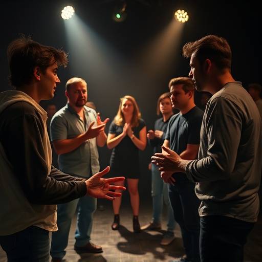 Sc√®ne d'improvisation th√©√¢trale, avec des acteurs interagissant de mani√®re spontan√©e.