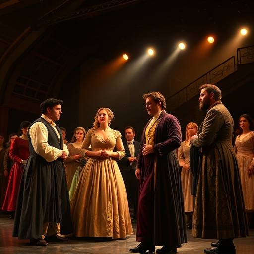 Une sc√®ne de th√©√¢tre avec plusieurs acteurs en costumes d'√©poque.